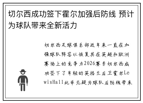 切尔西成功签下霍尔加强后防线 预计为球队带来全新活力